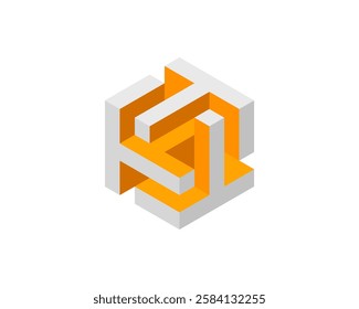 Abstract isometric cube design.  Interlocking orange and grey shapes create a complex yet balanced visual.  Represents connection, innovation, and intricate solutions.