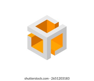 Abstract isometric cube design.  Modern, minimalist style with grey and orange color scheme.  Perfect for technology, architecture, or corporate branding.