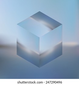 Abstract isometric cube on blurred sea background. Vector Minimalistic multifunctional blurry backdrop.