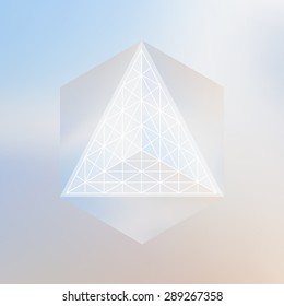 Abstract isometric cube and prism with the reflection of the environment and lowpoly triangles on blurred background. Vector futuristic backdrop in pastel shades.