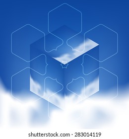 Abstract isometric cube with the reflection of the sky and clouds. Vector Minimalistic multifunctional backdrop with lineart design element.