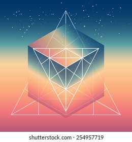 Abstract isometric cube with the reflection of the space and low poly triangles on blurred background. Vector Minimalistic multifunctional backdrop.