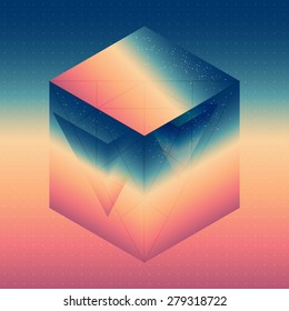 Abstract isometric cube with the reflection of the space and low poly triangles on blurred background. Vector futuristic multifunctional backdrop.