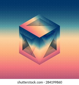 Abstract isometric cube with the reflection of the space and lowpoly triangles on blurred background. Vector futuristic multifunctional backdrop.