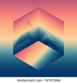 Abstract isometric cube with the reflection of the space and pyramid. Low poly triangles on blurred background. Vector futuristic multifunctional backdrop