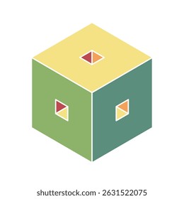 Abstract isometric cube with vibrant pastel colors and geometric cutouts.  Represents concepts of structure, design, and innovation.