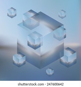 Abstract isometric cubes on blurred background. Vector Minimalistic multifunctional blurry backdrop.