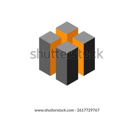 Abstract isometric design featuring interconnected gray and orange cubes.  Represents connection, growth, or teamwork.  Ideal for corporate branding, technology, and architecture projects.
