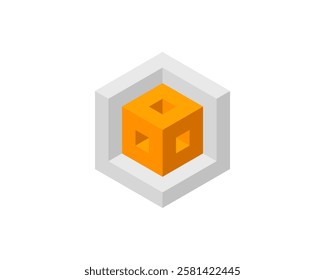 Abstract isometric design featuring an orange cube within a gray hexagonal frame.  Perfect for tech, engineering, architecture, or corporate presentations.