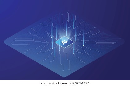 Abstract isometric design with technology circuit board texture. Electronic motherboard illustration. Communication and engineering concept. Vector Artificial Intelligence illustration