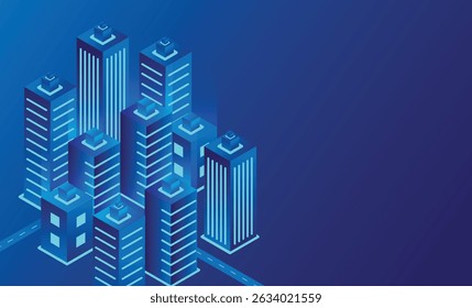 Resumo isométrico do projeto da tecnologia da cidade futura. Conceito de setor imobiliário e da construção. Ilustração vetorial