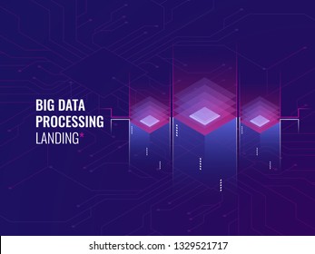 Abstract isometric of futuristic digital technology, big data processing, database and cloud computing concept, server room ultraviolet vector