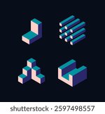 Abstract isometric geometric shapes in a modern minimalist style with blue and pink tones on a dark background. Concept of digital design and futuristic aesthetics. Vector illustration