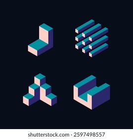 Abstract isometric geometric shapes in a modern minimalist style with blue and pink tones on a dark background. Concept of digital design and futuristic aesthetics. Vector illustration