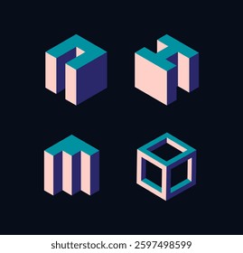 Abstract isometric geometric shapes in modern minimalistic style, featuring optical illusions 3D-like structures in vibrant colors on dark background. Concept of design aesthetics. Vector illustration