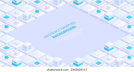 Abstract isometric geometric shapes trendy background. Digital data concept with graphic elements composition. Vector illustration