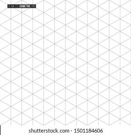 Abstract Isometric Grid Vector Seamless Pattern. Black And White Thin Line Triangles Texture. Monochrome Geometric Mosaic Minimalistic Background. Plotting Hexagonal, Triangular Ruler For Drafting