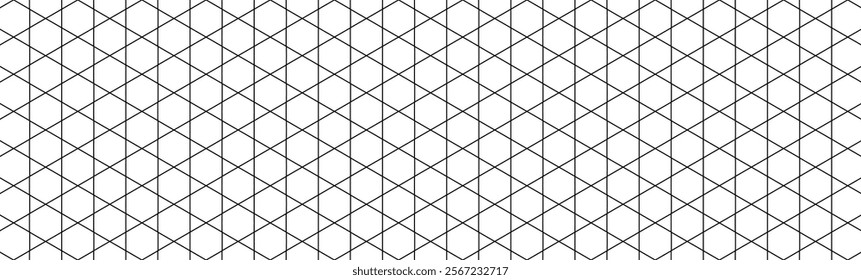 Abstract isometric grid vector seamless pattern with black and white thin line triangles, monochrome geometric mosaic.