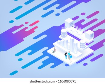 Abstract isometric illustration. High technology concept. Data center. Cryptocurrency market. Platform creation of digital currency.
