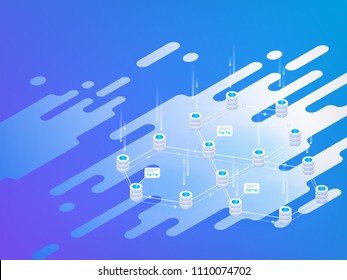Abstract isometric illustration. High technology concept. Data center. Cryptocurrency market. Platform creation of digital currency.