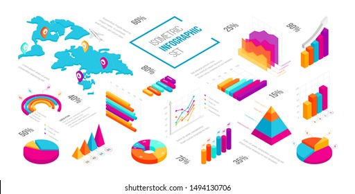 Abstract isometric infographics template. 3D business, financial, marketing data graphs and diagram set showing progress and regression. Colourful graphics, pie chart, world map. Vector Illustration