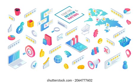 Abstract isometric infographics template. 3D customer review, marketing icons set and feedback isometric concept. Communication, survey, client research vector Illustration