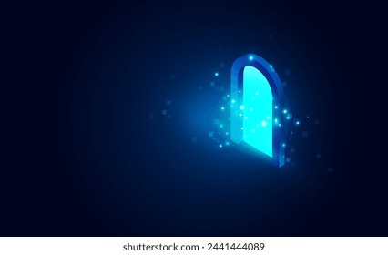 Abstract isometric landing page showing a binary digital code appearing through an open door Light out success background Hitech communication concept innovation background, vector design
