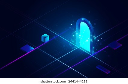 Página de aterrizaje isométrica abstracta que muestra un código digital binario que aparece a través de una puerta abierta Fondo de éxito de la luz Fondo de innovación del concepto de comunicación Hitech, diseño vectorial