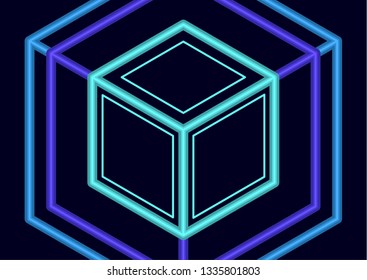 Abstract isometric linear logo, cubed cube. Futuristic company icon on dark background. Neon colors. Vector illustration for your design.