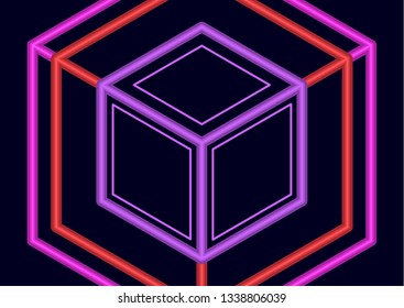 Abstract isometric linear logo, cubed cube. Futuristic company icon on dark background. Neon colors. Vector illustration for your design.