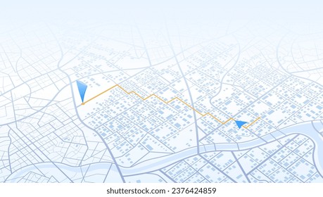 Abstract isometric location tracks dashboard. Gps map infographic. Journey route template. City streets, blocks, route distance data, path turns and destination tag, mark. Vector, illustration