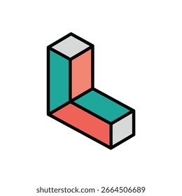 Ein abstrakter, isometrischer L-förmiger Block mit lebhaften Farben aus Teal, Korallen und Grau mit einem fetten schwarzen Umriss, ideal für Designelemente.