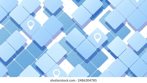 Abstract isometric navigation concept on a background of squares. Squares as symbol of roads. Location signs on squares. Vector illustration
