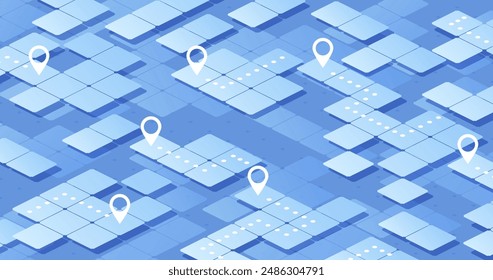 Abstract isometric navigation concept on a background of squares. Squares as symbol of roads. Location signs on squares. Vector illustration