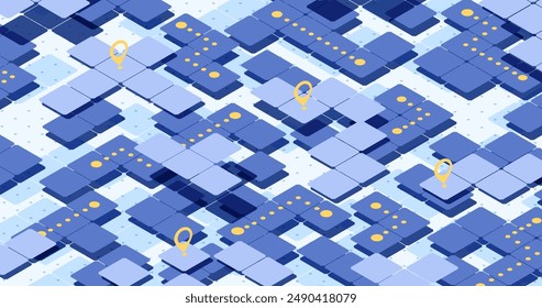 Abstract isometric navigation concept on a background of squares. Online tracking. Squares as symbol of roads. Location signs on squares. Vector illustration