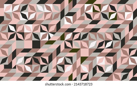 Abstrakte isometrische Opt-Art nahtloses Muster. Quadrat, Rhombus und Dreieck in rosafarbener, grauer, schwarz-weißer Farbe. Optische Illusion isometrischer Hintergrund. für Stoffseide mit Tuchseide, Stoffbekleidung