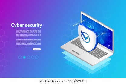 Abstract Isometric Personal Data Protection. Header For Website With Laptop And Protection Shield. 3D Cyber Security Technology Mechanism Concept.