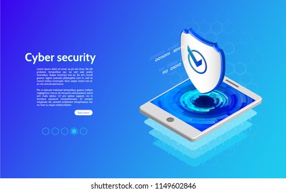 Abstract isometric personal data protection. Header for website with tablet and protection shield. 3D Cyber security technology mechanism concept.