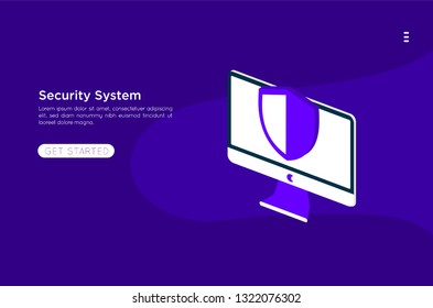 Abstract isometric personal data protection. Header for website with laptop and protection shield. 3D Cyber security technology mechanism concept