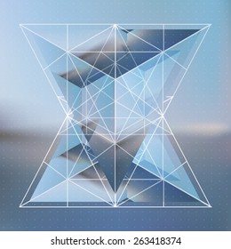 Abstract isometric prism with the reflection of the environment and low poly triangles on blurred background. Vector futuristic blurry backdrop.