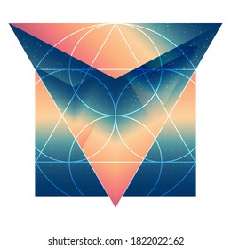 Abstract isometric prism with the reflection of the space and geometric figures on blurred background. Esoteric art. Futuristic multifunctional backdrop for interior design. Vector.