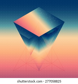 Abstract isometric prism with the reflection of the space and low poly triangles on blurred background. Vector futuristic backdrop.