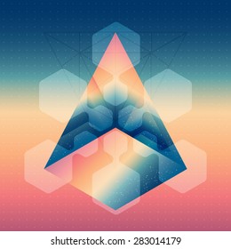 Abstract isometric prism with the reflection of the space and lowpoly triangles on blurred background. Vector futuristic multifunctional backdrop abstract design elements.