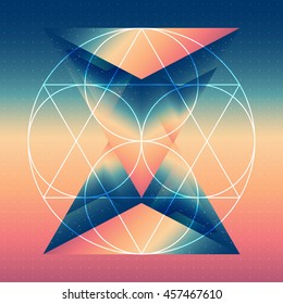 Abstract isometric prism with the reflection of the space and geometric figures on blurred background. Vector futuristic multifunctional backdrop.