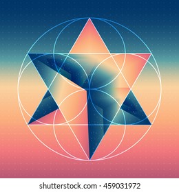 Abstract isometric prism with the reflection of the space and geometric figures on blurred background. Vector futuristic multifunctional backdrop.