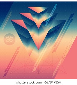 Abstract isometric prisms with the reflection of the space and low poly triangles on blurred background. Vector futuristic multifunctional backdrop. Abstract background