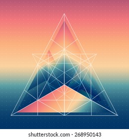 Abstract isometric pyramid with the reflection of the environment and low poly triangles on blurred background. Vector multifunctional blurry backdrop.