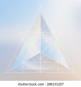 Abstract isometric pyramid with the reflection of the environment and low poly triangles on blurred background. Vector multifunctional blurry backdrop in pastel shades.