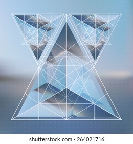 Abstract isometric pyramids with the reflection of the environment and low poly triangles on blurred background. Vector futuristic blurry backdrop.