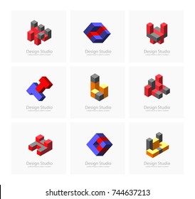 Abstract isometric set logotype dimensional 3D shape template for business cards, invitations, presentations and printing